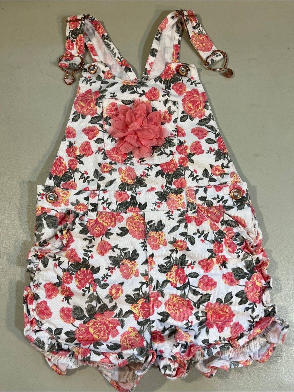 Floral Pink Ruffle Romper Overalls for Kids